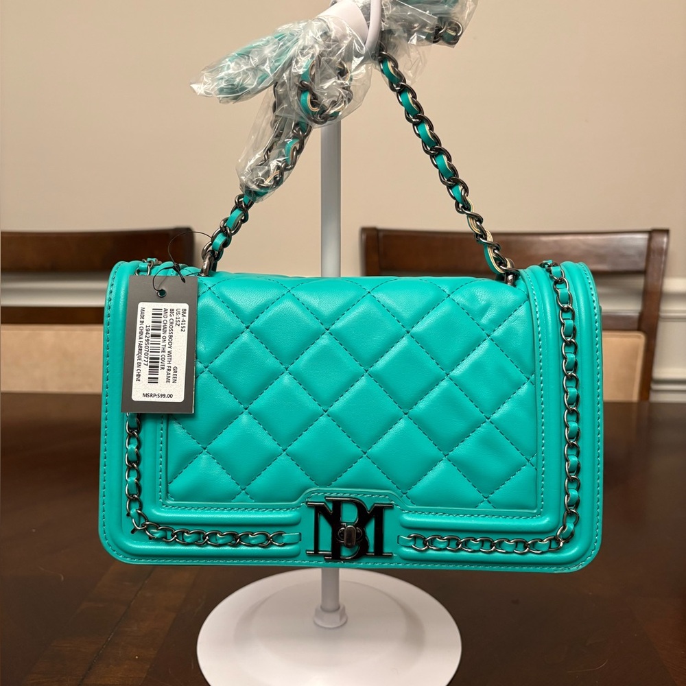 Badgley Mischka NWT Quilted Teal Shoulder Bag with Chain Strap